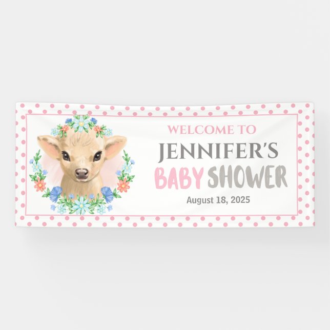 Banderoles Baby shower floral rose Vache mignonne customisé (Horizontal)