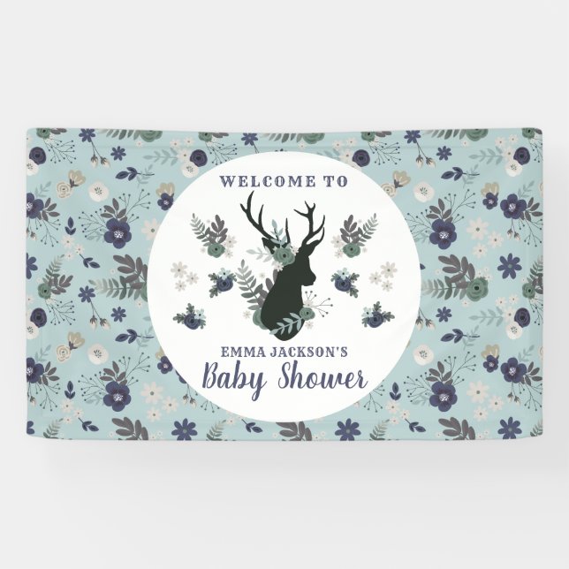 Banderoles Baby shower Floral Rustic Deer Head Blue Bienvenue (Horizontal)