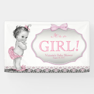 Banderoles Baby shower gris rose d'arc de dentelle de filles