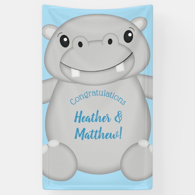 Banderoles Baby shower Hippo bleu (Vertical)