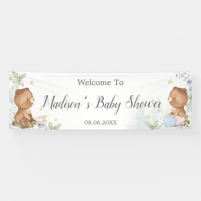 Banderoles Baby shower jumeaux nounours en toile de fond Bien (Horizontal)
