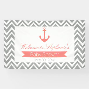 Banderoles Baby shower marin gris Chevron et corail rose