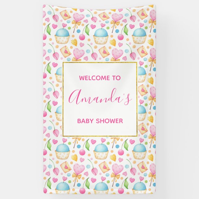 Banderoles Baby shower Motif d'aquarelle Coeurs et Cupcakes (Vertical)