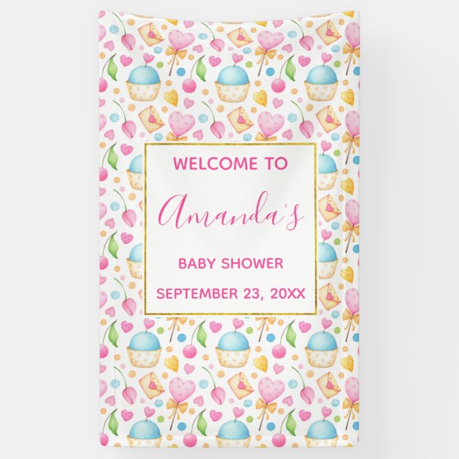 Banderoles Baby shower Motif d'aquarelle Coeurs et Cupcakes (Vertical)