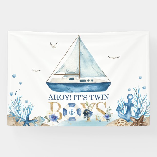 Banderoles Baby shower nautique Blue Boat Ahoy C'est Twin Boy (Horizontal)
