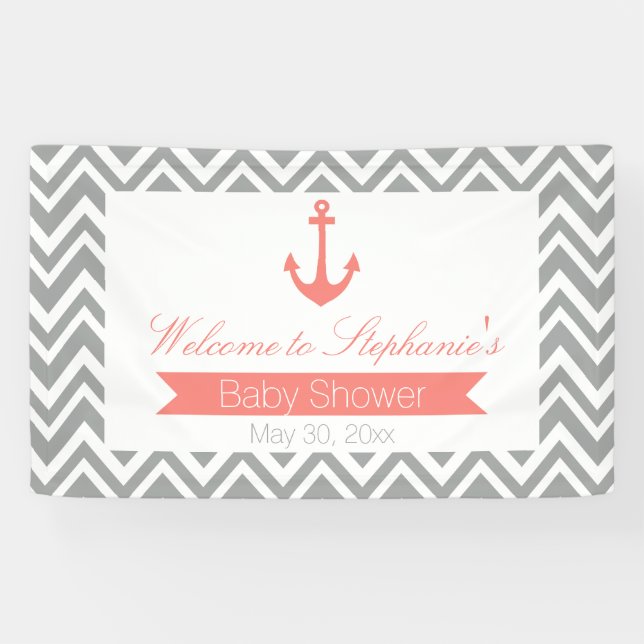Banderoles Baby shower nautique gris Chevron et corail rose (Horizontal)