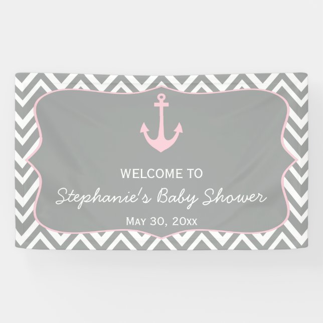 Banderoles Baby shower nautique gris et rose pastel Chevron (Horizontal)