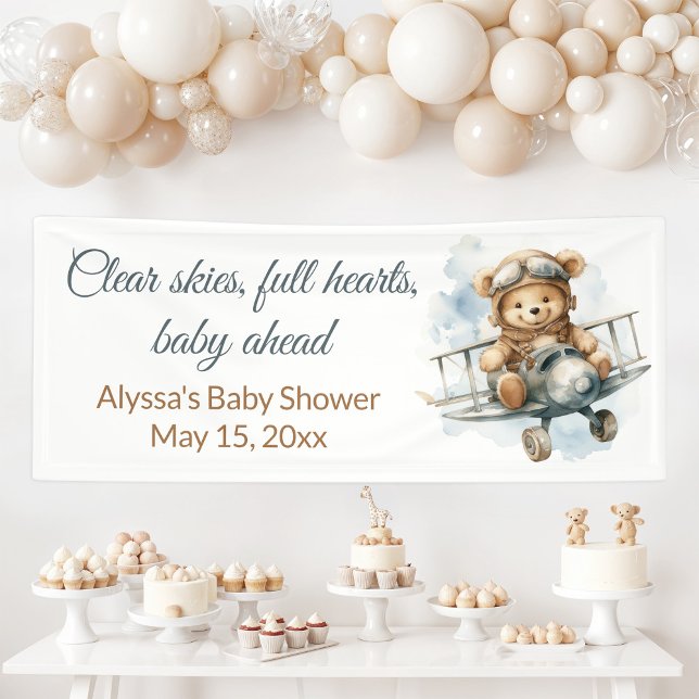 Banderoles Baby Shower Ours d'avion vintage (Clear Skies Full Hearts Baby Ahead teddy bear pilot baby shower banner)