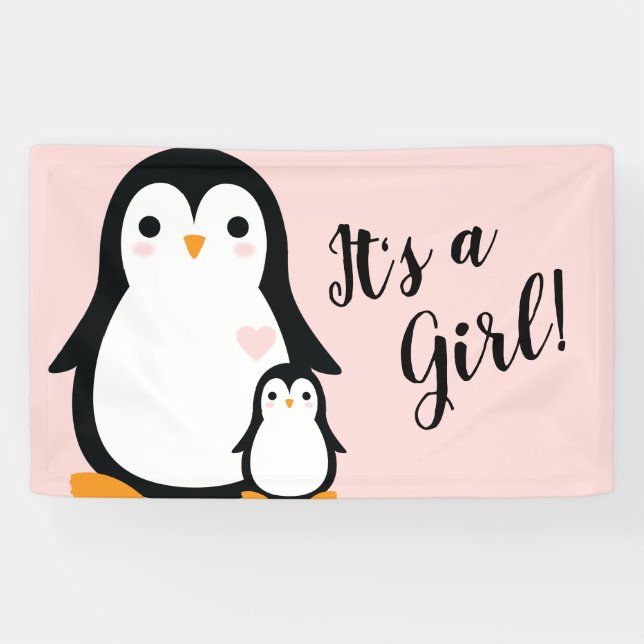 Banderoles Baby shower Pingouin mignon fille rose (Horizontal)