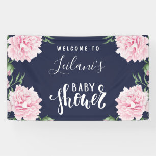 Banderoles Baby shower Pink Peony Navy Blue Welcome