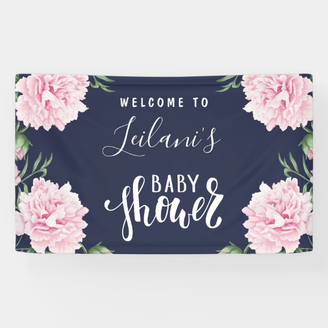 Banderoles Baby shower Pink Peony Navy Blue Welcome (Horizontal)