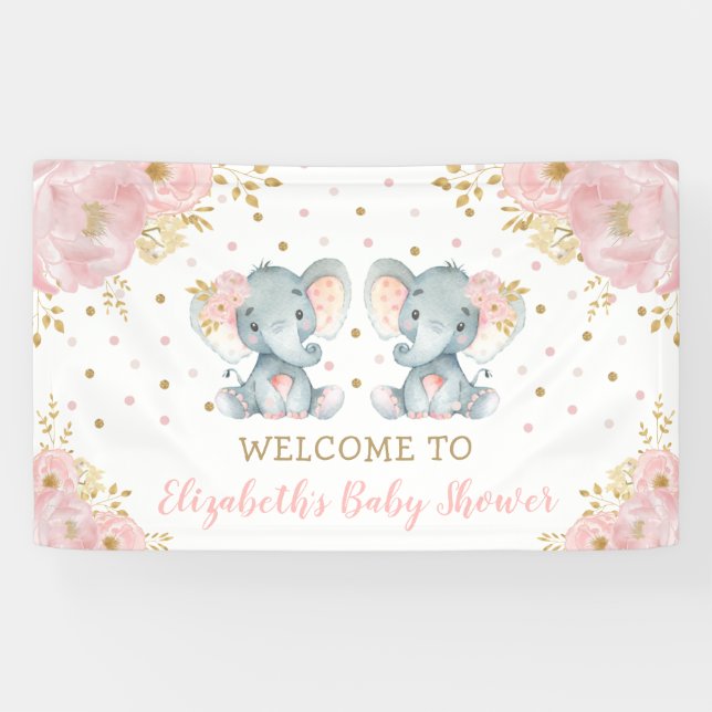 Banderoles Baby shower Rose Floral Elephant Twi Girls Bienven (Horizontal)