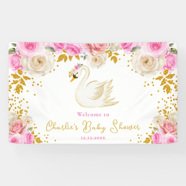 Banderoles Baby shower Rose Swan Pink Gold Bienvenue (Horizontal)