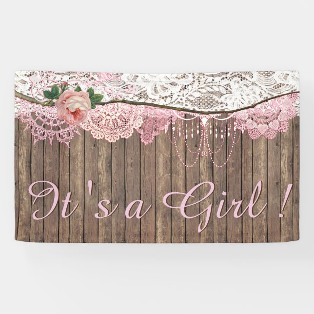 Banderoles Baby shower Rustique Bois Chic Pink Lace Girl (Horizontal)