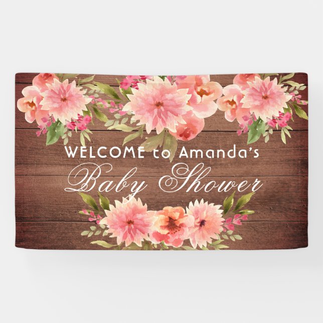 Banderoles Baby shower rustique corail dahlia fleurs brun (Horizontal)