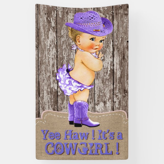 Banderoles Baby shower rustique de cowgirl violet (Vertical)