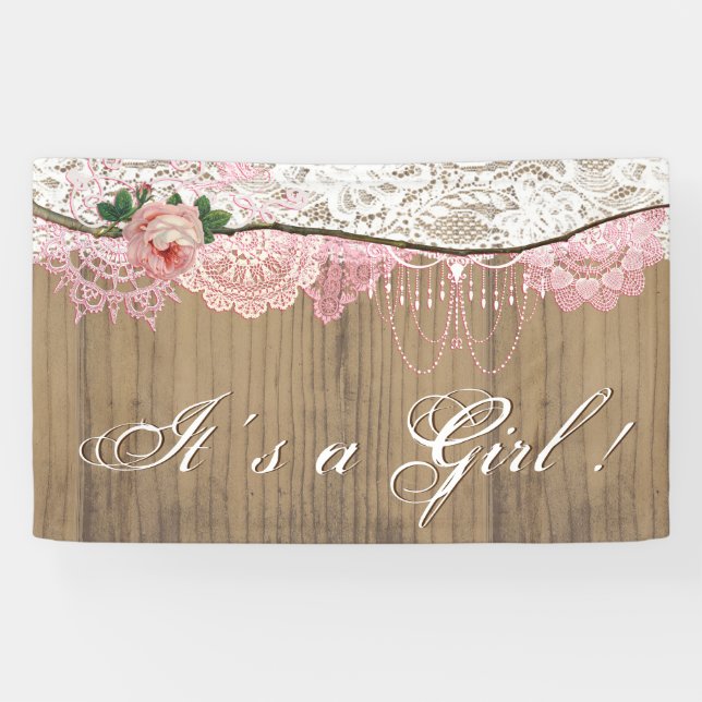 Banderoles Baby shower Rustique en bois Chic dentelle en bois (Horizontal)