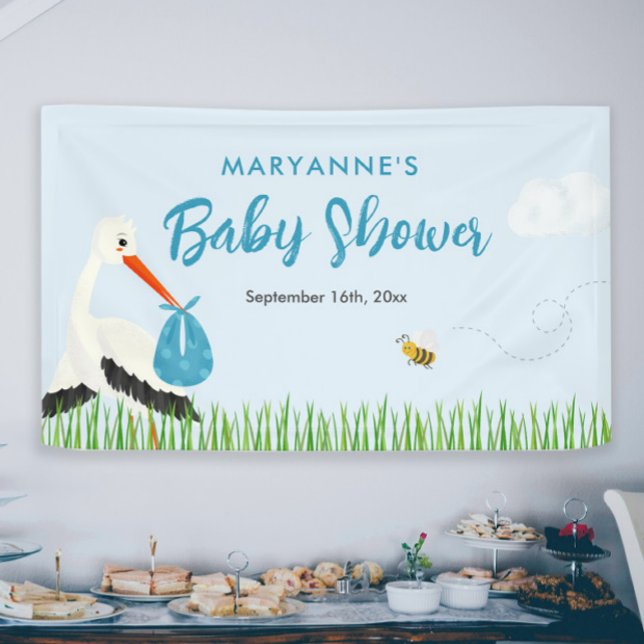 Banderoles Baby shower Sky Blue Stork (Blue stork baby shower banner boy themed baby sprinkle sign on the wall)