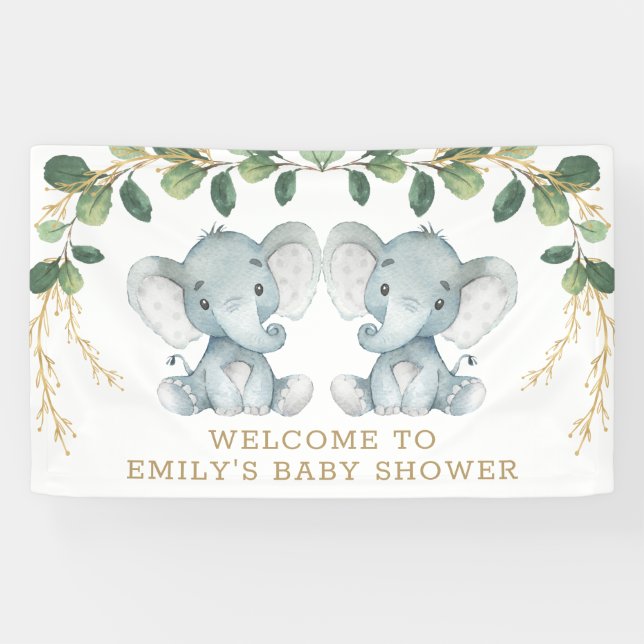 Banderoles Baby shower vert de la jungle moderne Twin Elephan (Horizontal)