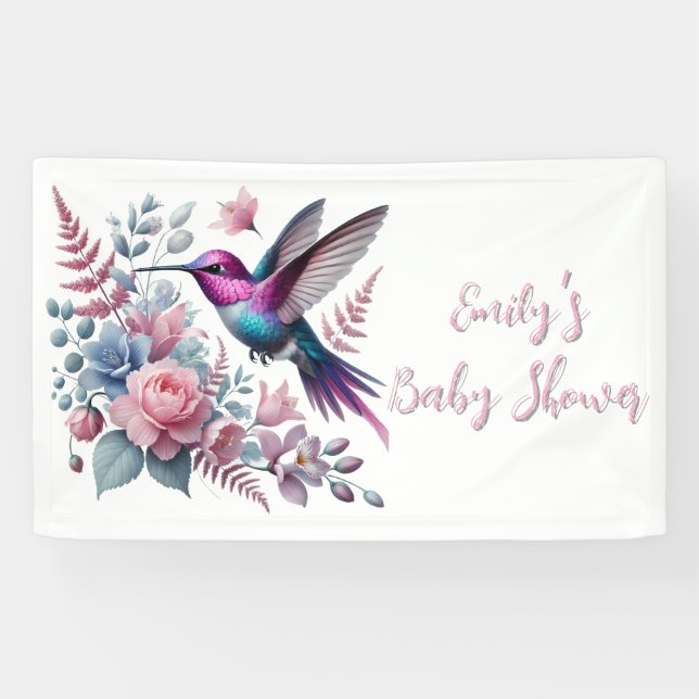 Banderoles Baby shower Vibrant De Colibri Et De Fleurs Roses (Horizontal)