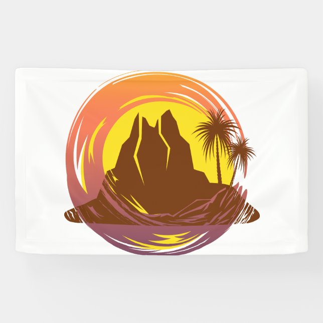 Banderoles Badge avec paysage volcanique tropical et palmiers (Horizontal)