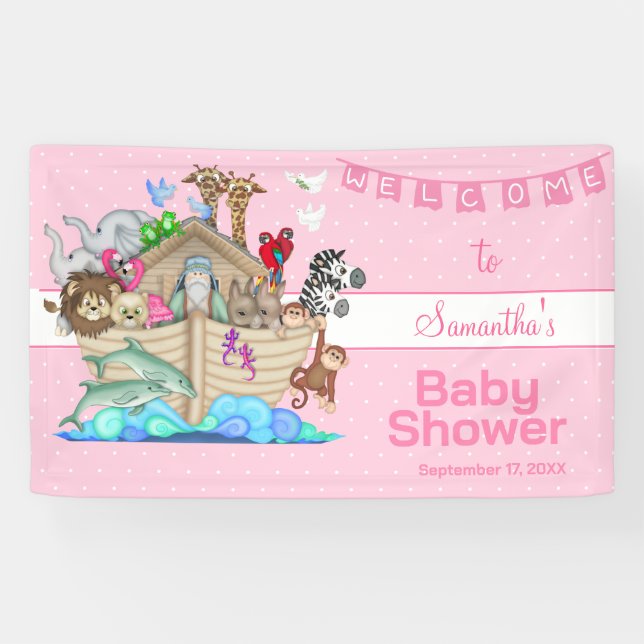 Banderoles Bain de bébé rose sur le thème de l'Arche de Noé (Horizontal)