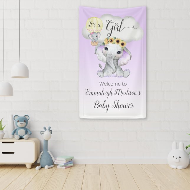 Banderoles Ballon éléphant Baby shower violet C'est une fille (Créateur téléchargé)