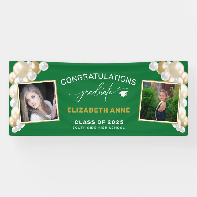 Banderoles Ballons 2 Photos Green Félicitations Diplômé (Horizontal)