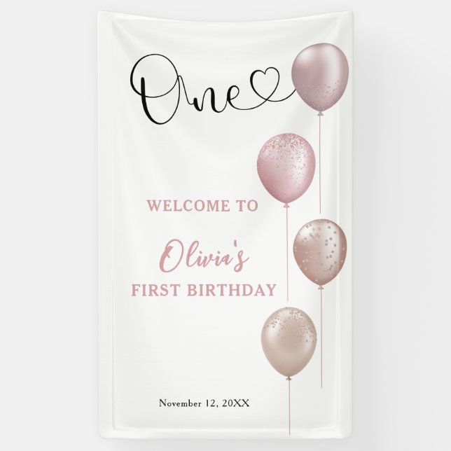 Banderoles Ballons Blush Girl Premier anniversaire Bienvenue (Vertical)