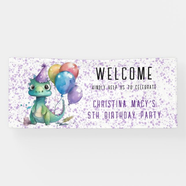 Banderoles Ballons Cute Dinosaur Fille Anniversaire Bienvenue (Horizontal)