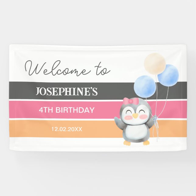 Banderoles Ballons de pingouin doux mignon fille Anniversaire (Horizontal)
