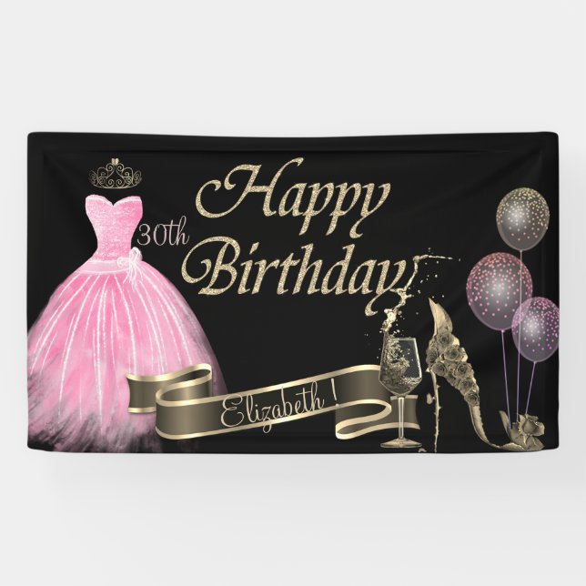 Banderoles Ballons dorés, Verre, Talon, Robe chic, Noir (Horizontal)