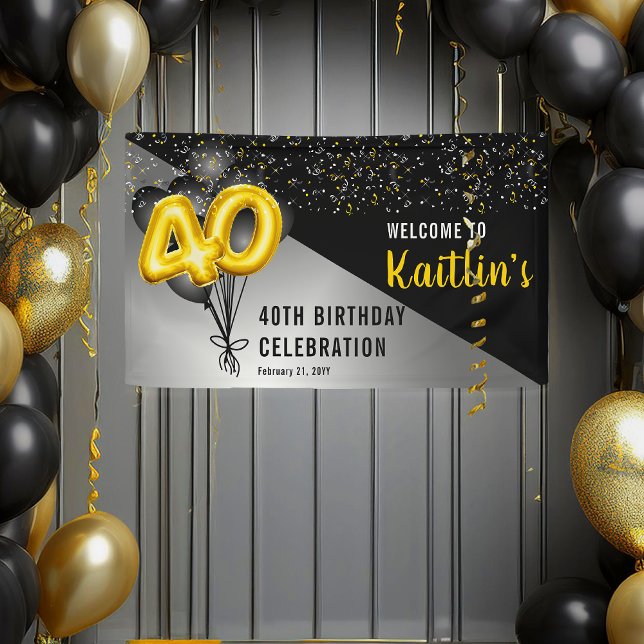 Banderoles Ballons élégants Noir | Gold 40th Birthday Party (Elegant Gold Balloon Numbers and Black Balloons "40" 40th Birthday Party Banner)