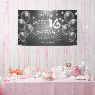Banderoles Ballons gris chic étoiles 16e anniversaire