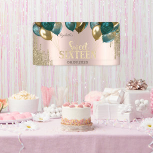 Banderoles Balloons Gold Glitter Drips Rose Gold Sweet 16