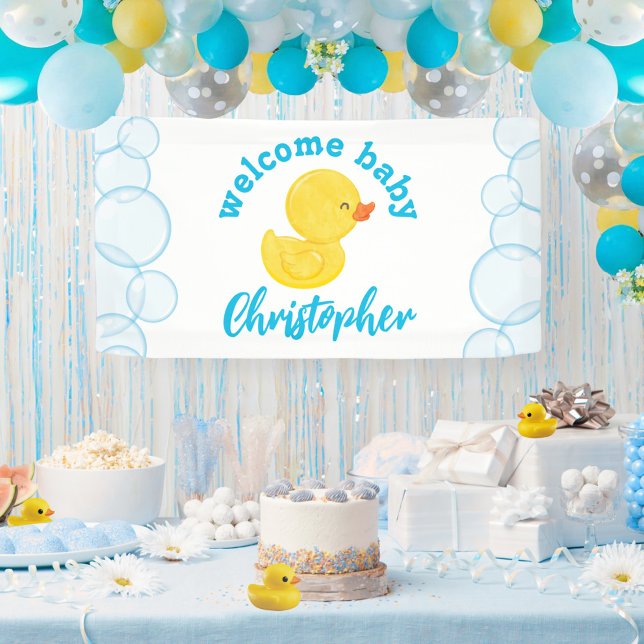 Banderoles Bandeau en vinyle suspendu avec nom de bébé Bienve (Welcome Baby Name Rubber Duck Hanging Vinyl Baby Shower Banner in White)