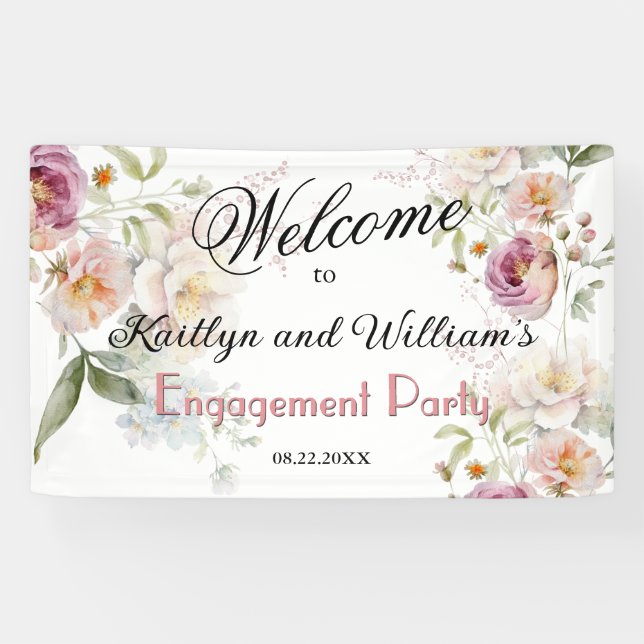 Banderoles BANNER Elegant Floral Engagement Party Welcome (Horizontal)