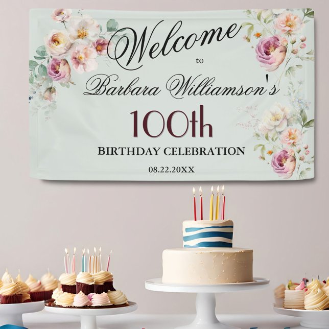 Banderoles Banner Watercolor Floral 100th Birthday Welcome  (Créateur téléchargé)