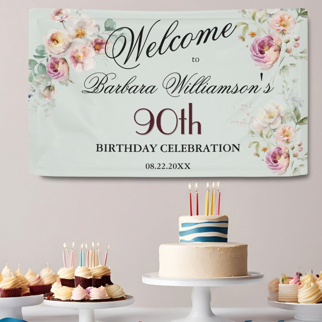 Banderoles Banner Watercolor Floral 90th Birthday Welcome  (Créateur téléchargé)