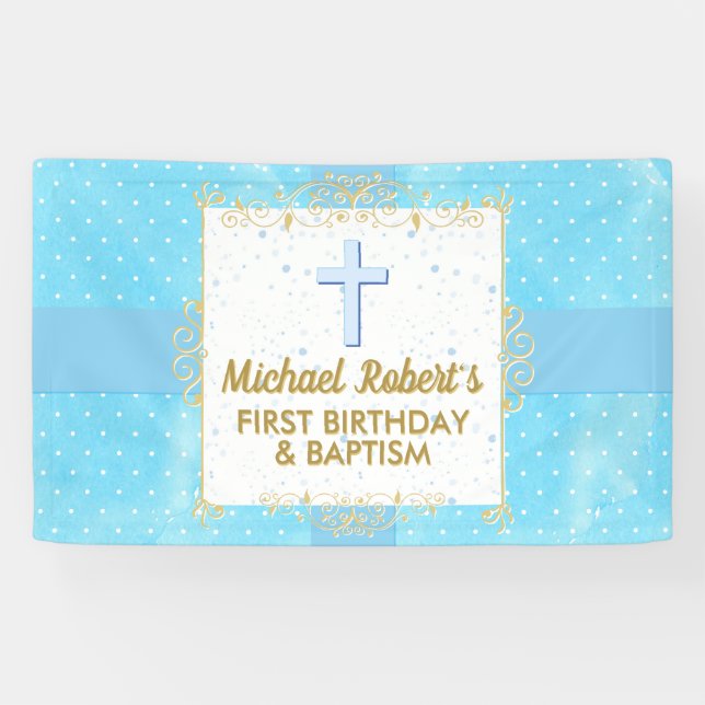 Banderoles Baptême 1er Anniversaire Garçon Bleu Or Texte Polk (Horizontal)