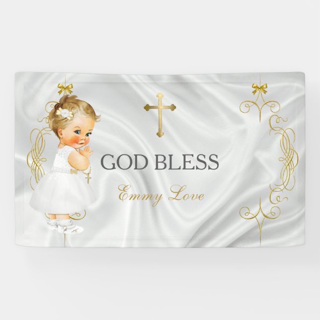 Banderoles Baptême de bébé fille Croix en or (Horizontal)