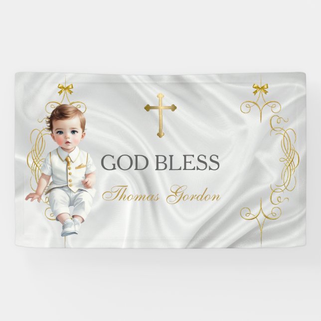 Banderoles Baptême de garçon, croix dorée (Horizontal)