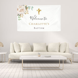 Banderoles Baptême eucalyptus blanc croix d'or floral blanc b