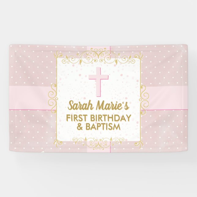 Banderoles Baptême Fille 1er Anniversaire Rose Or Texte Point (Horizontal)