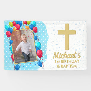 Banderoles Baptême pour 1er anniversaire garçon bleu or texte