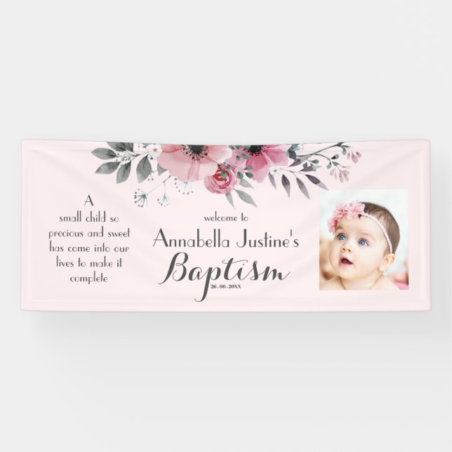 Banderoles BAPTISM Photo Plutôt rose Grey Floral Fête (Horizontal)