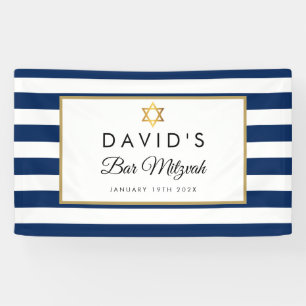 Banderoles Bar Mitzvah Bleu Nuit Blanc Rayure Or