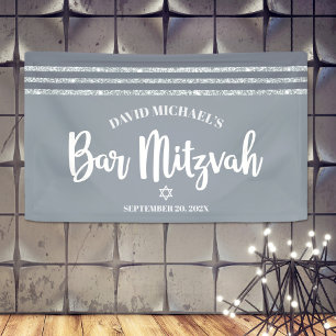 Banderoles Bar Mitzvah Gris Moderne Tallit Argenté Écriture G