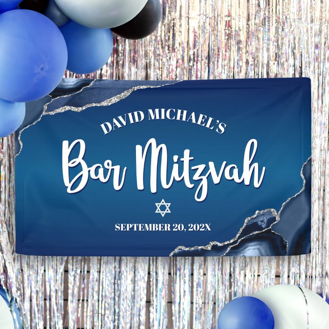 Banderoles Bar Mitzvah Modern Navy Blue Ombre Agate Script (Créateur téléchargé)