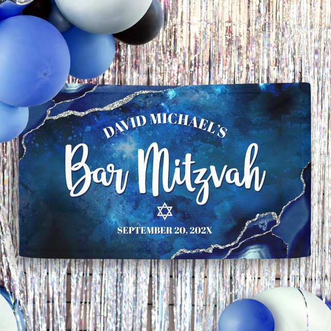 Banderoles Bar Mitzvah Moderne Agate Bleue Aquarelle Script (Créateur téléchargé)